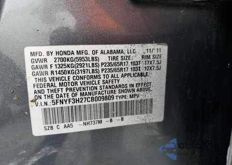 2012 Honda Pilot Lx z USA, uszkodzony, nr VIN 5FNYF3H27CB009809